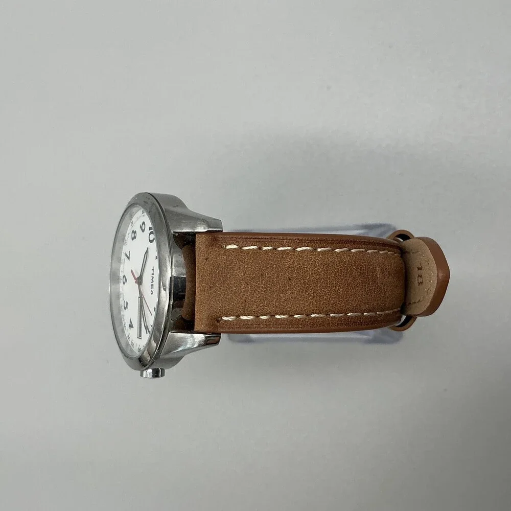 Timex Indiglo Mens Watch 36mm White Dial Brown Leather Day Date New Battery
